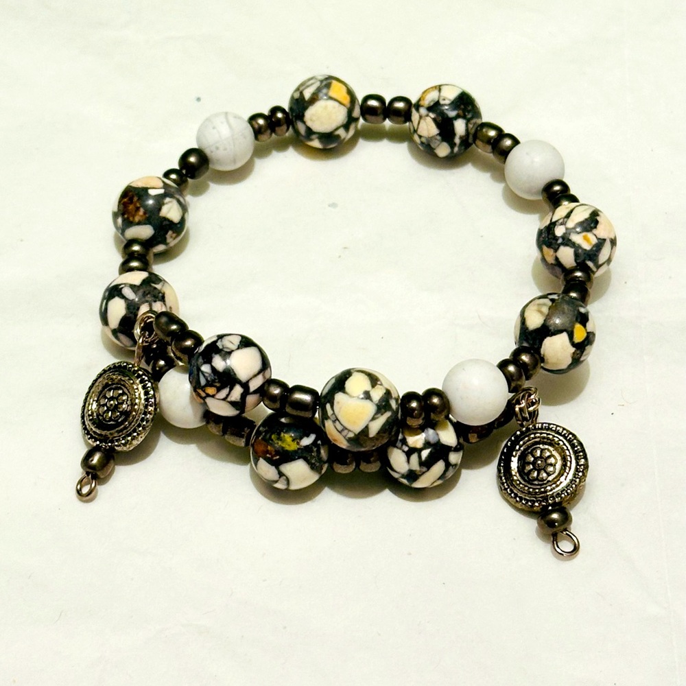 Handmade Brown/White Stones Bracelet. Gorgeous Charm. Made with Memory Wire.